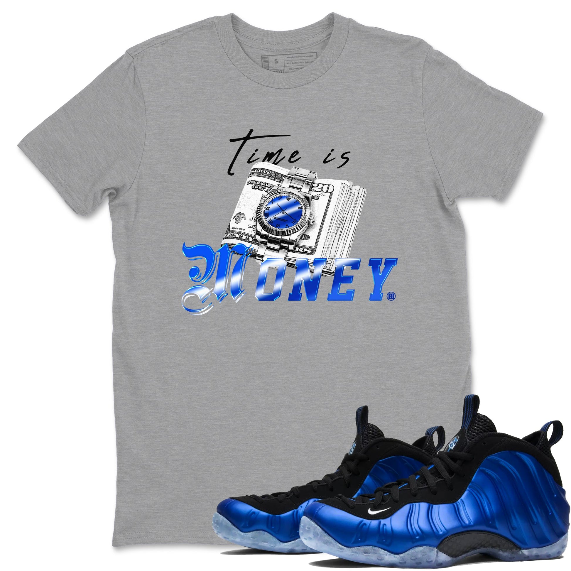 Air Foamposite One Royal shirts to match jordans Time Is Money sneaker match tees Air Foamposite One Royal SNRT Sneaker Release Tees unisex cotton Heather Grey 1 crew neck shirts