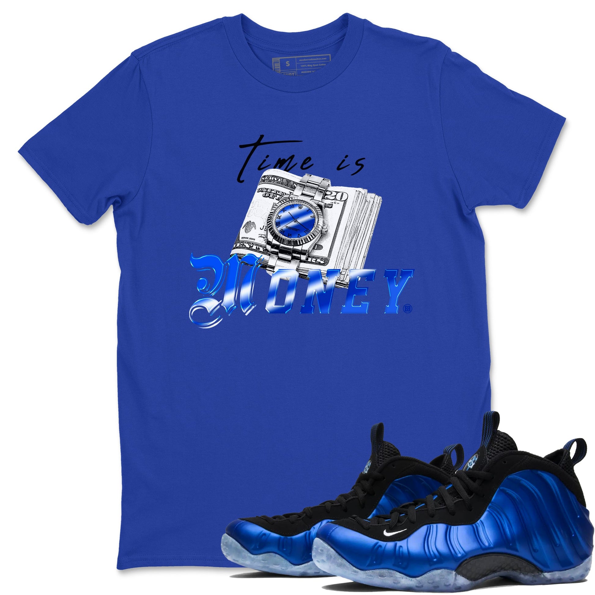 Air Foamposite One Royal shirts to match jordans Time Is Money sneaker match tees Air Foamposite One Royal SNRT Sneaker Release Tees unisex cotton Royal Blue 1 crew neck shirts