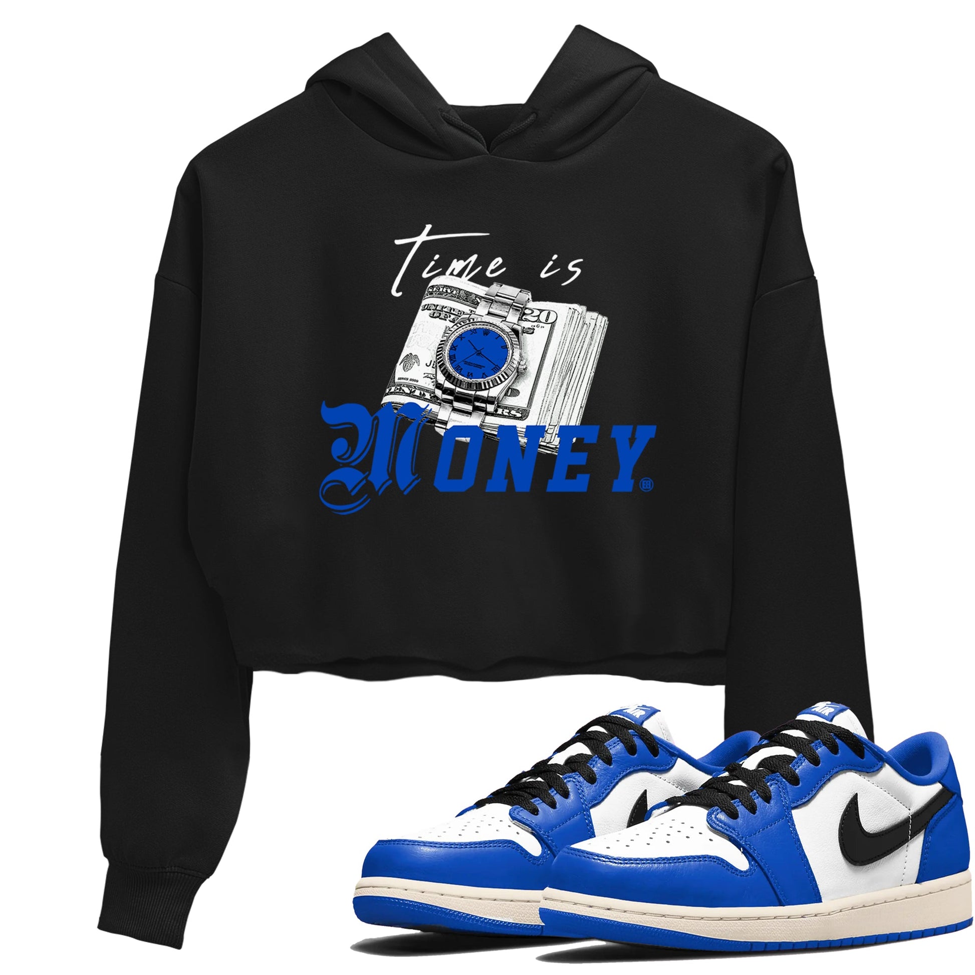 1s Game Royal shirts to match jordans Time Is Money sneaker match tees Air Jordan 1 Retro Low OG Game Royal match shoes to clothes SNRT Sneaker Tees unisex cotton Black 1 crop tee