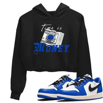 1s Game Royal shirts to match jordans Time Is Money sneaker match tees Air Jordan 1 Retro Low OG Game Royal match shoes to clothes SNRT Sneaker Tees unisex cotton Black 1 crop tee