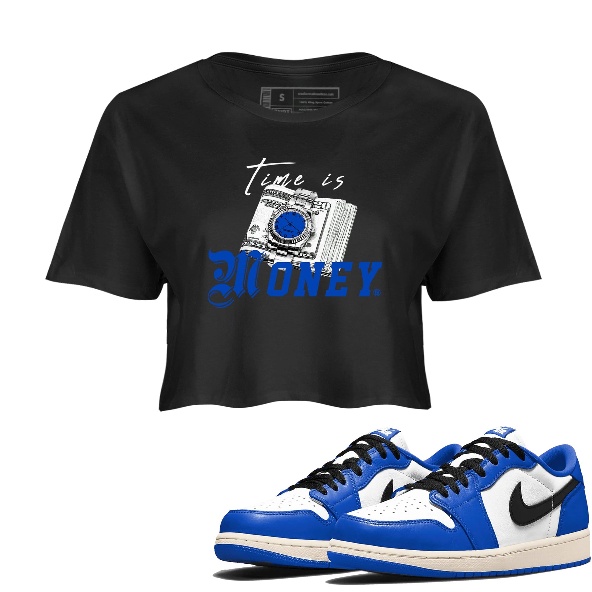 1s Game Royal shirts to match jordans Time Is Money sneaker match tees Air Jordan 1 Retro Low OG Game Royal match shoes to clothes SNRT Sneaker Tees unisex cotton Black 1 crop tee