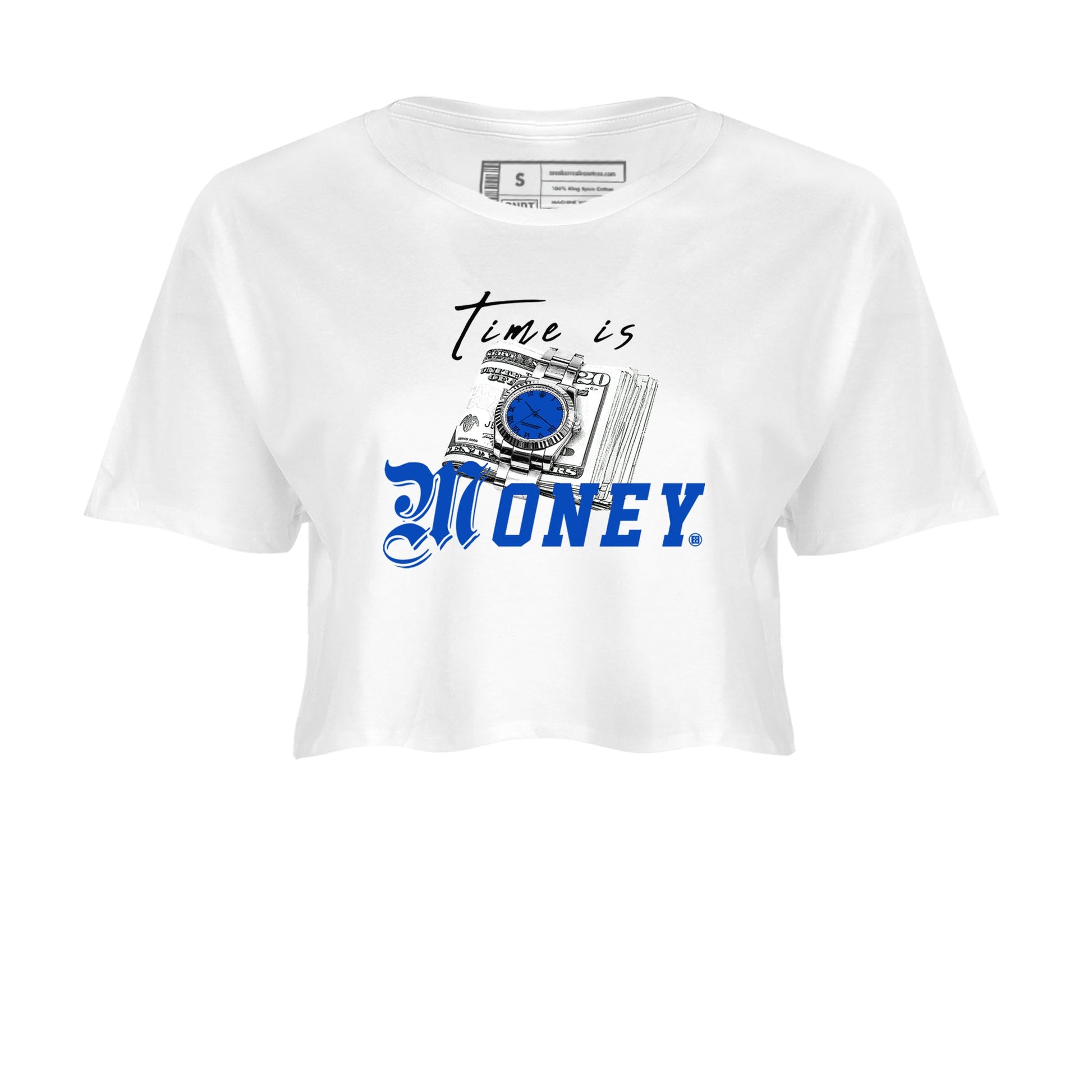 1s Game Royal shirts to match jordans Time Is Money sneaker match tees Air Jordan 1 Retro Low OG Game Royal match shoes to clothes SNRT Sneaker Tees unisex cotton White 2 crop tee