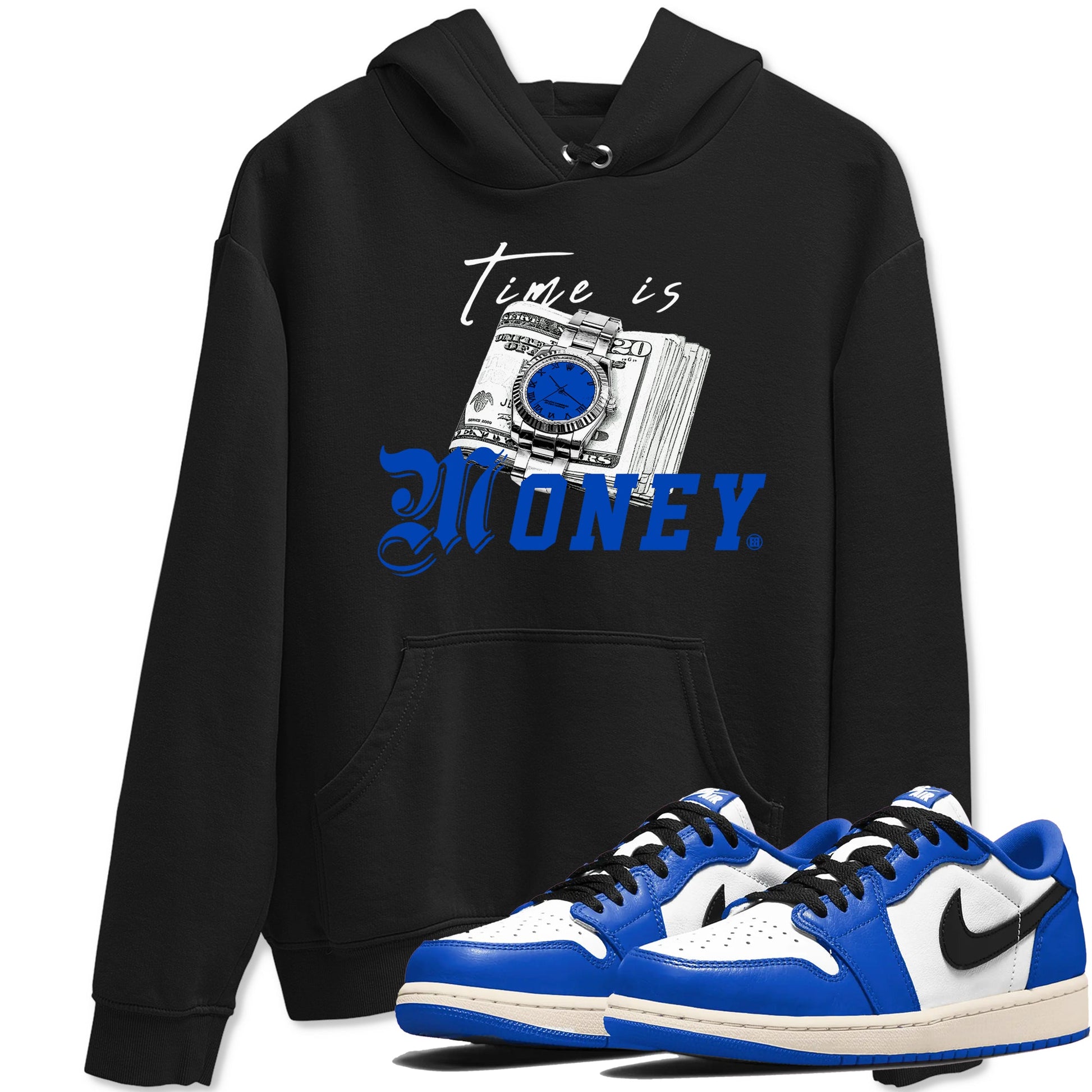 1s Game Royal shirts to match jordans Time Is Money sneaker match tees Air Jordan 1 Retro Low OG Game Royal match shoes to clothes SNRT Sneaker Tees unisex cotton Black 1 shirts