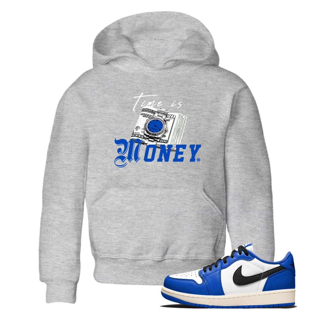 1s Game Royal shirts to match jordans Time Is Money sneaker match tees Air Jordan 1 Retro Low OG Game Royal match shoes to clothes SNRT Sneaker Tees Youth Baby Heather Grey 1 tee