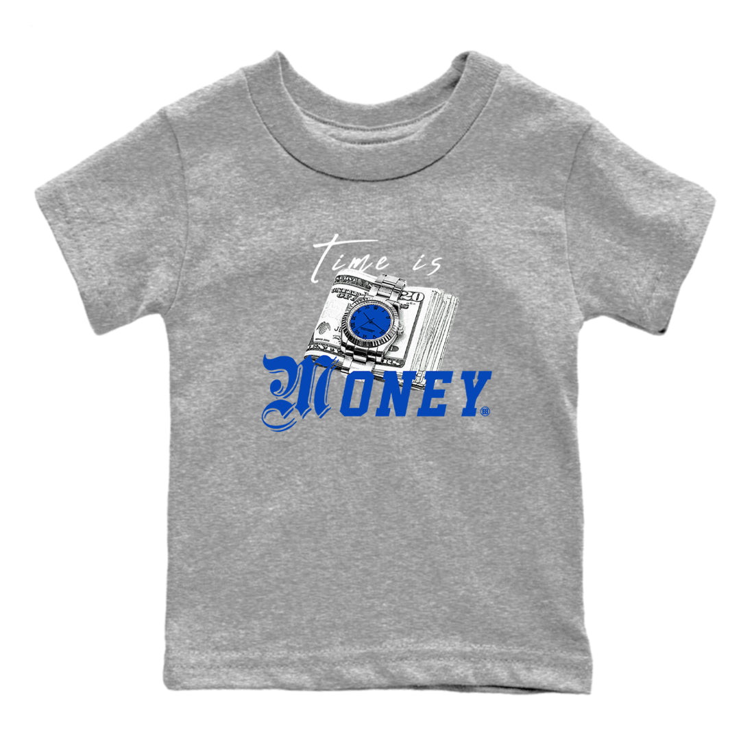 1s Game Royal shirts to match jordans Time Is Money sneaker match tees Air Jordan 1 Retro Low OG Game Royal match shoes to clothes SNRT Sneaker Tees Youth Baby Heather Grey 2 tee