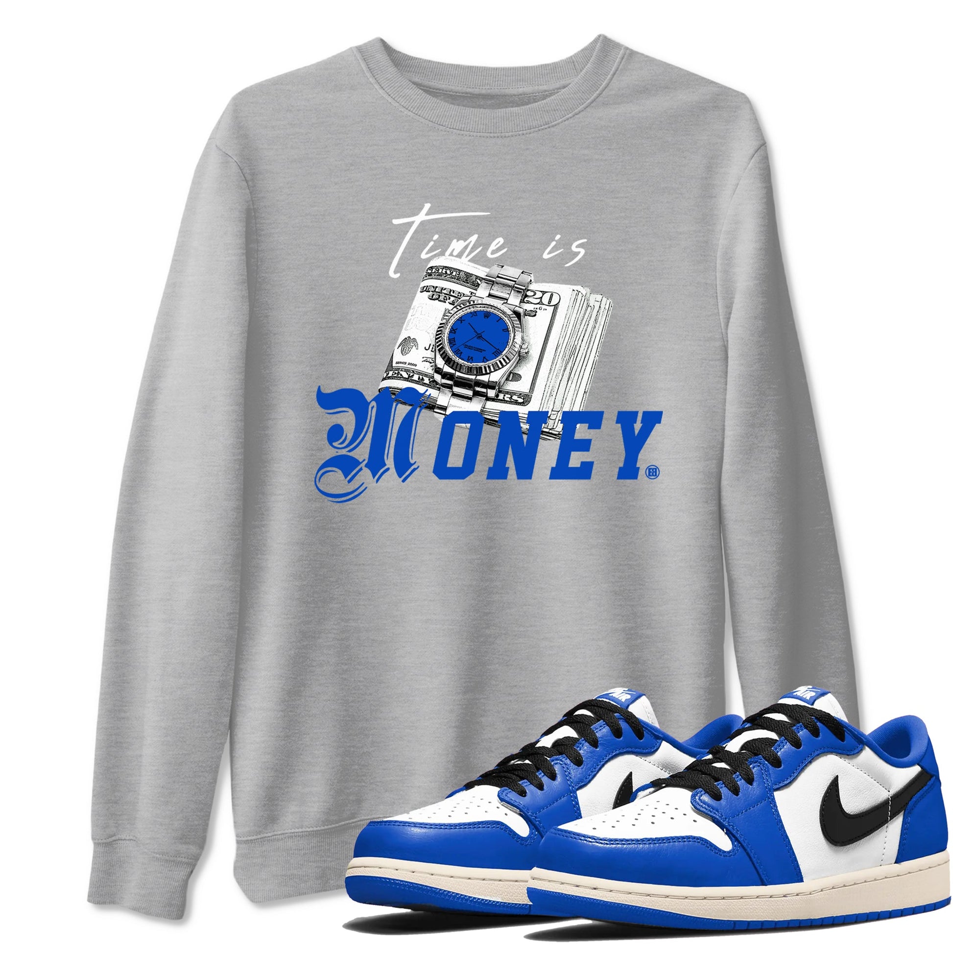 1s Game Royal shirts to match jordans Time Is Money sneaker match tees Air Jordan 1 Retro Low OG Game Royal match shoes to clothes SNRT Sneaker Tees unisex cotton Heather Grey 1 shirts