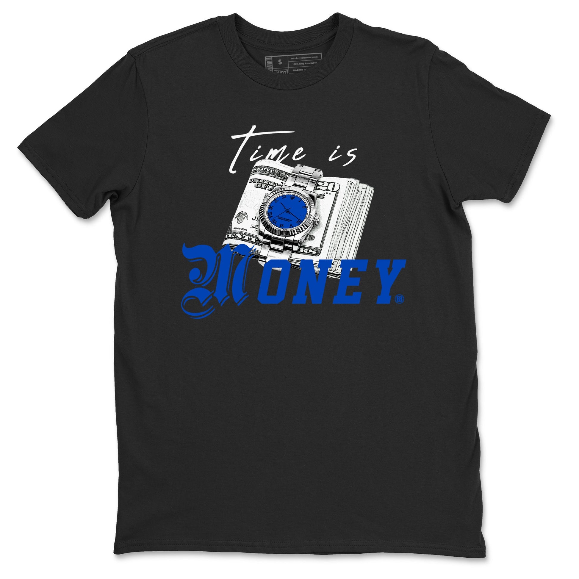 1s Game Royal shirts to match jordans Time Is Money sneaker match tees Air Jordan 1 Retro Low OG Game Royal match shoes to clothes SNRT Sneaker Tees unisex cotton Black 2 shirts