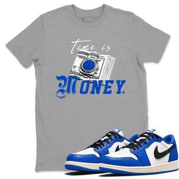 1s Game Royal shirts to match jordans Time Is Money sneaker match tees Air Jordan 1 Retro Low OG Game Royal match shoes to clothes SNRT Sneaker Tees unisex cotton Heather Grey 1 shirts