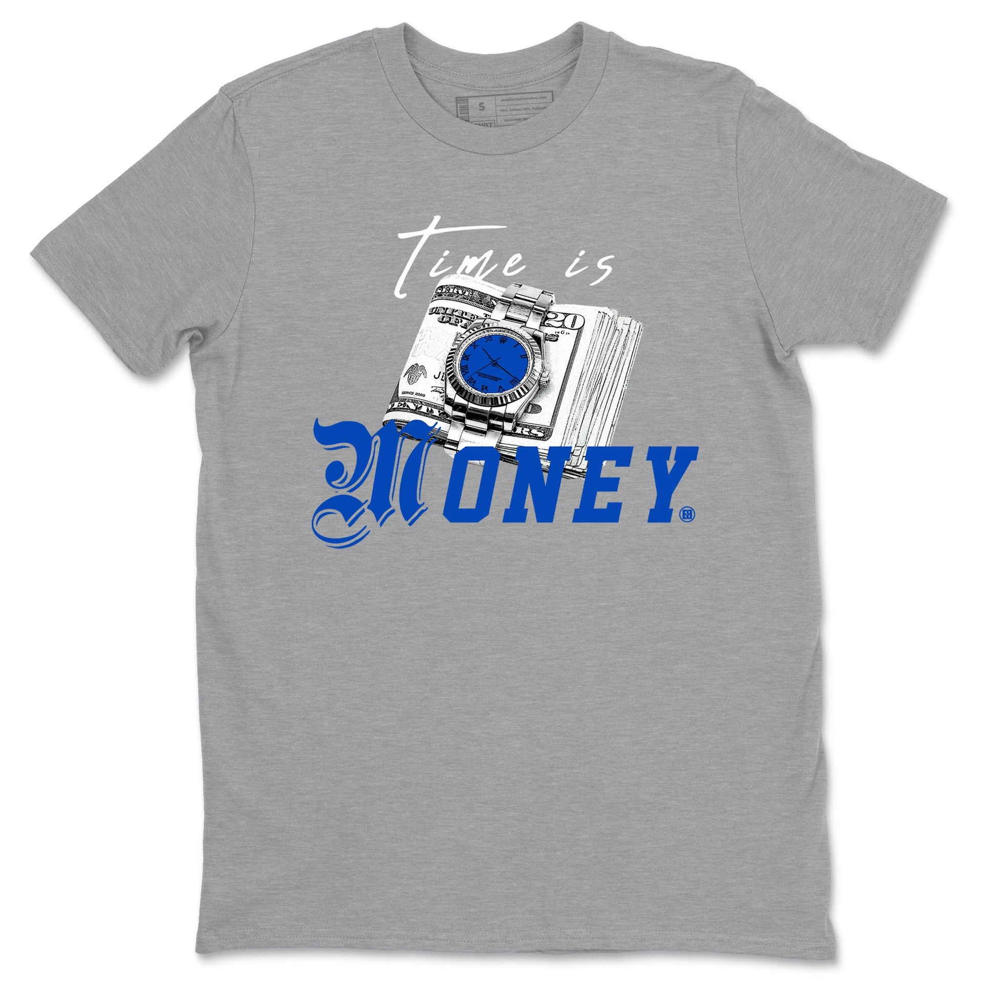 1s Game Royal shirts to match jordans Time Is Money sneaker match tees Air Jordan 1 Retro Low OG Game Royal match shoes to clothes SNRT Sneaker Tees unisex cotton Heather Grey 2 shirts