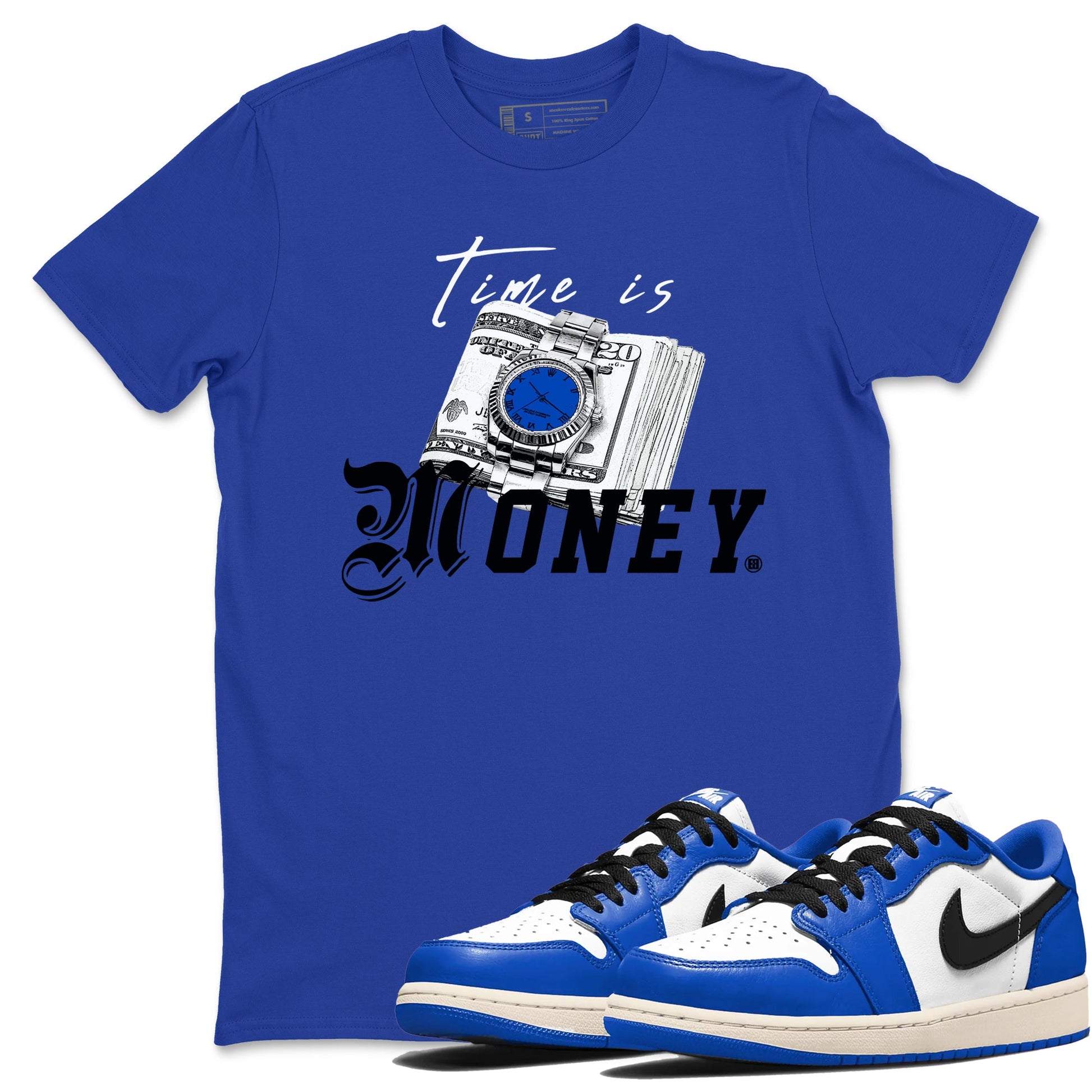 1s Game Royal shirts to match jordans Time Is Money sneaker match tees Air Jordan 1 Retro Low OG Game Royal match shoes to clothes SNRT Sneaker Tees unisex cotton Royal Blue 1 shirts