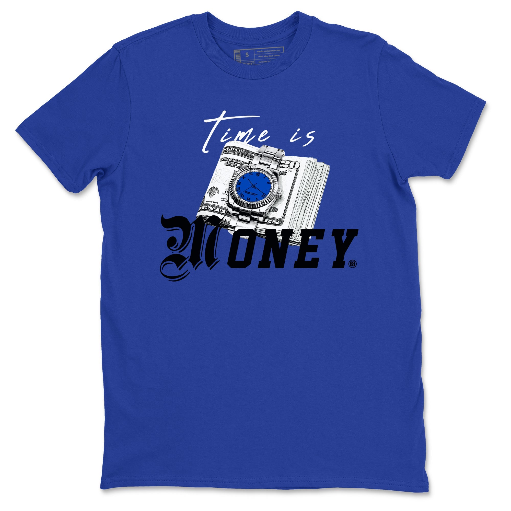 1s Game Royal shirts to match jordans Time Is Money sneaker match tees Air Jordan 1 Retro Low OG Game Royal match shoes to clothes SNRT Sneaker Tees unisex cotton Royal Blue 2 shirts