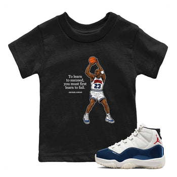Michael Jordan Quotes To Learn To Succeed You Must First Learn To Fail baby and kids t-shirt crafted for little sneakerheads to shine with the Air Jordan 11 Rare Air sneakers, displayed in Black 1.