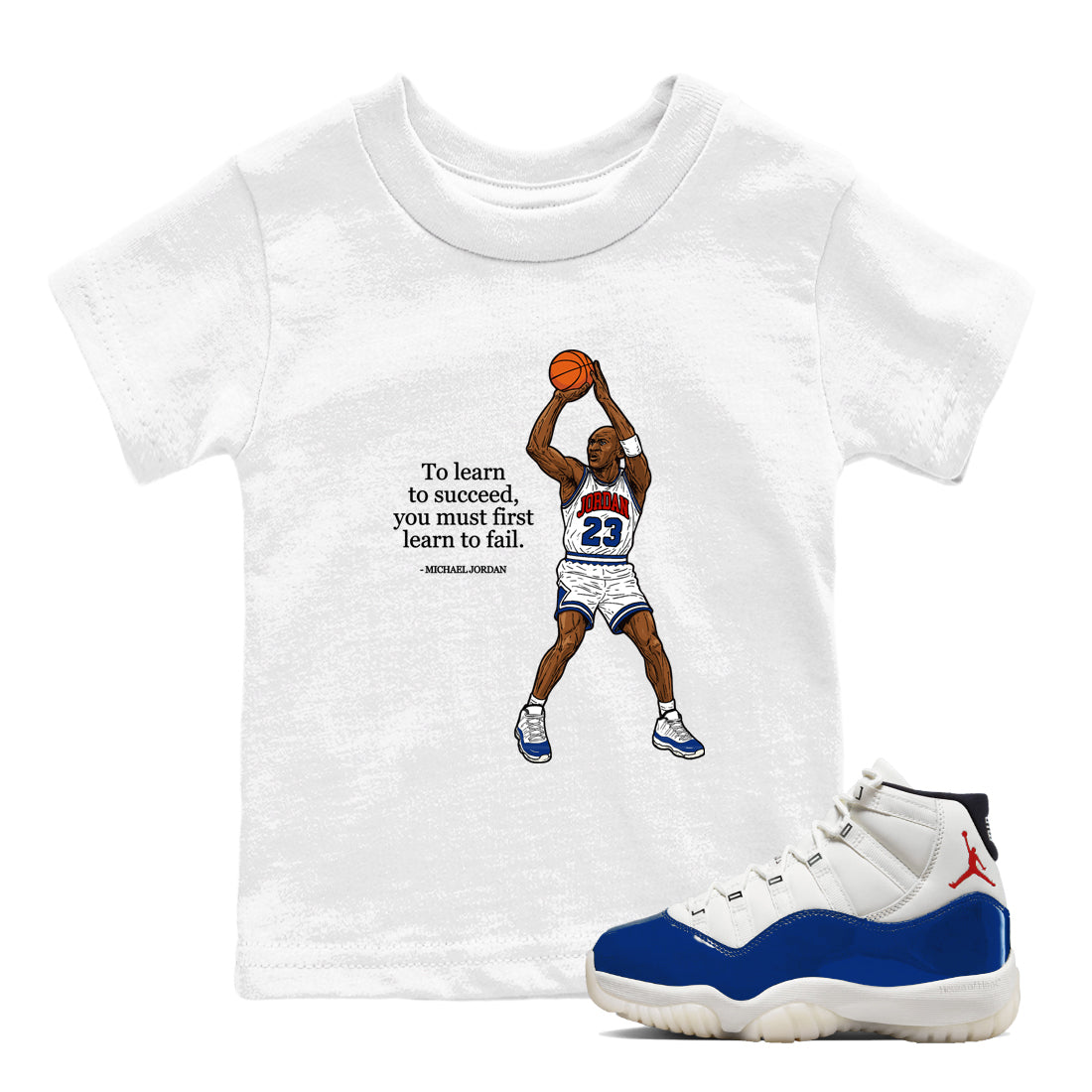 White t-shirt with basketball player graphic and quote, paired with a white and blue sneaker.