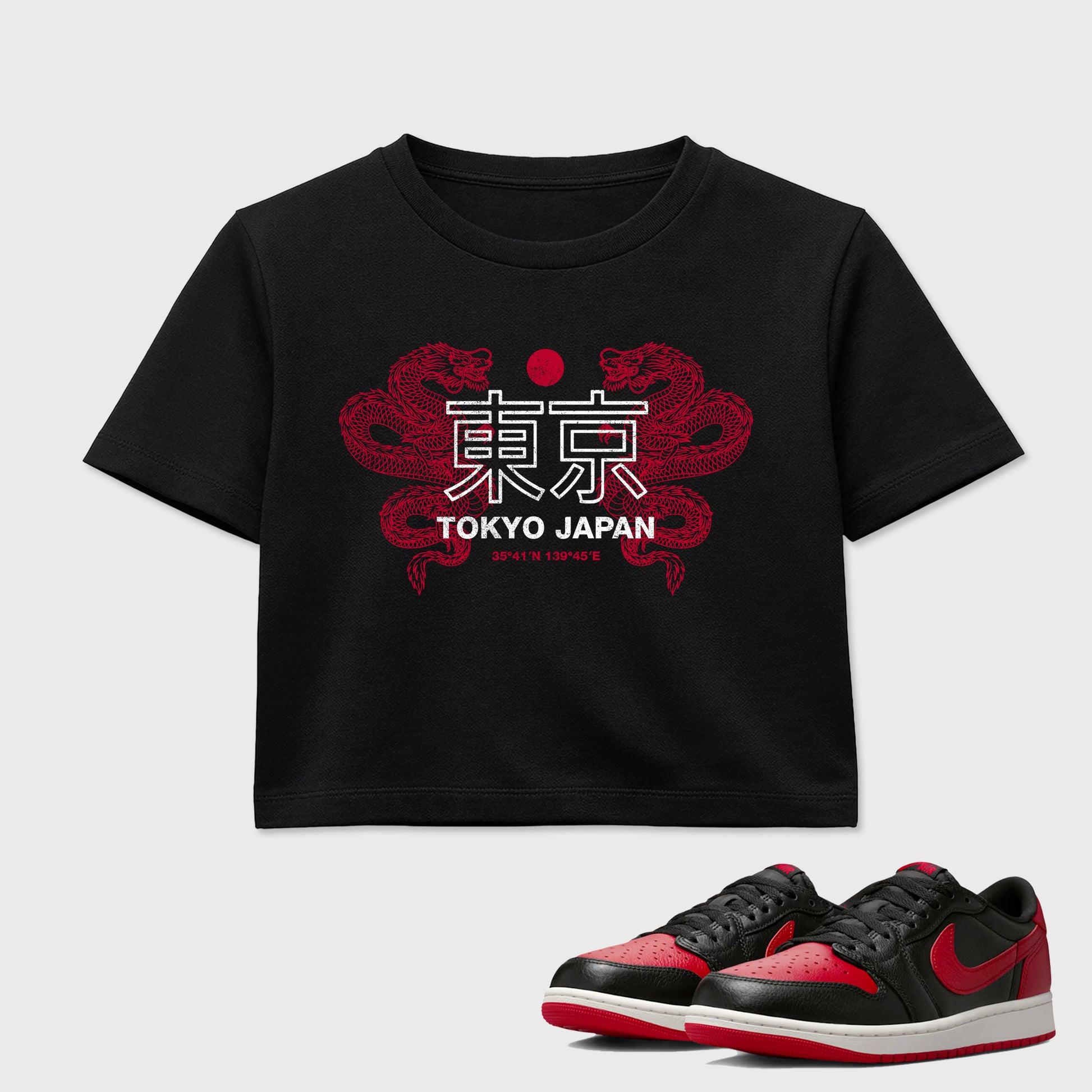 Sneaker match tees – Sneaker Tees To Match Air Jordan 1 Banned Shoes – Tokyo Dragons Crop T-Shirt Black 1