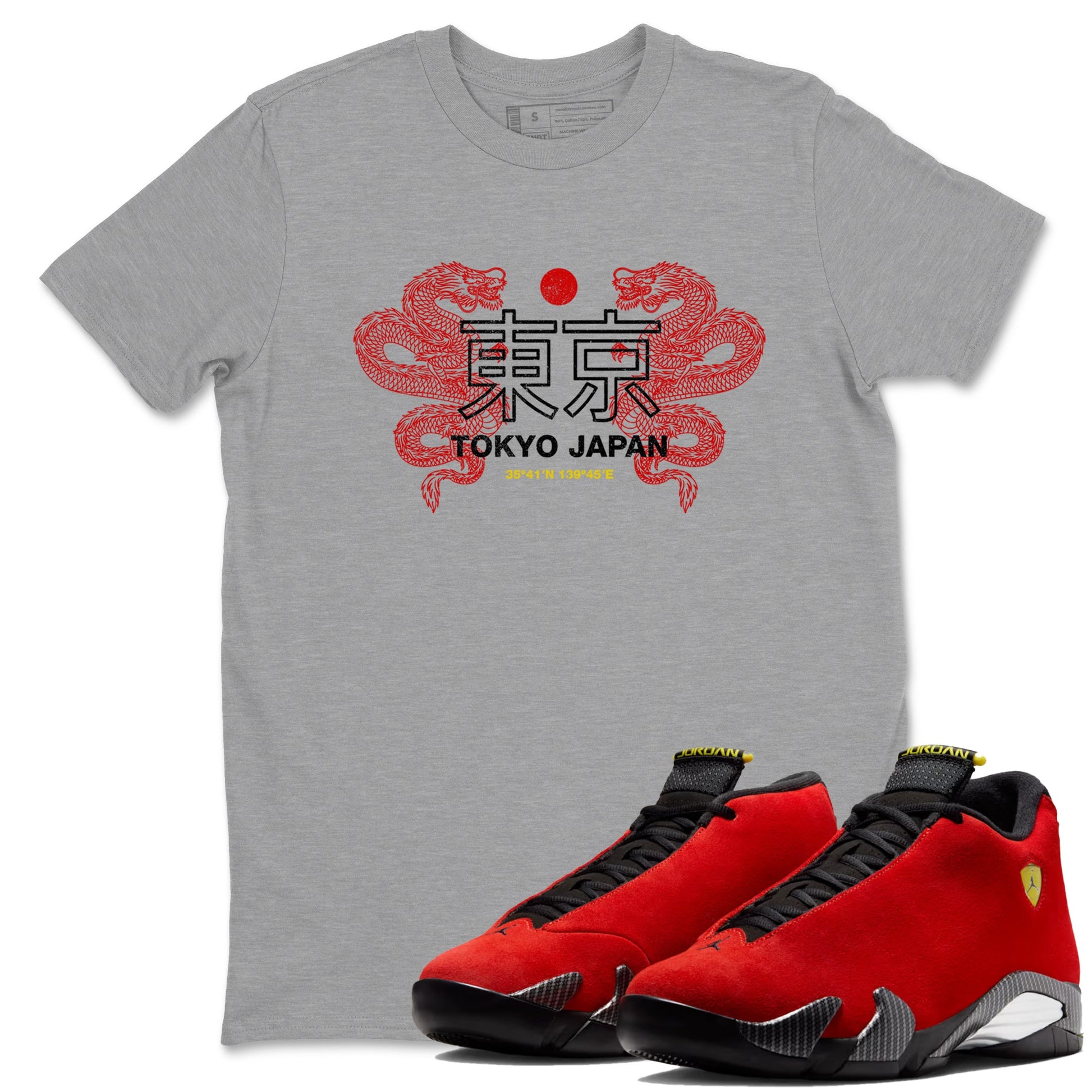 Tokyo Dragons sneaker match t-shirt styled to complete your fit with the Air Jordan 14 Challenge Red sneakers, AJ14 Ferrari, shown in Heather Grey 1.