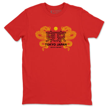 Tokyo Dragons sneaker match t-shirt styled to complete your fit with the Air Jordan 14 Challenge Red sneakers, AJ14 Ferrari, shown in Red 2.