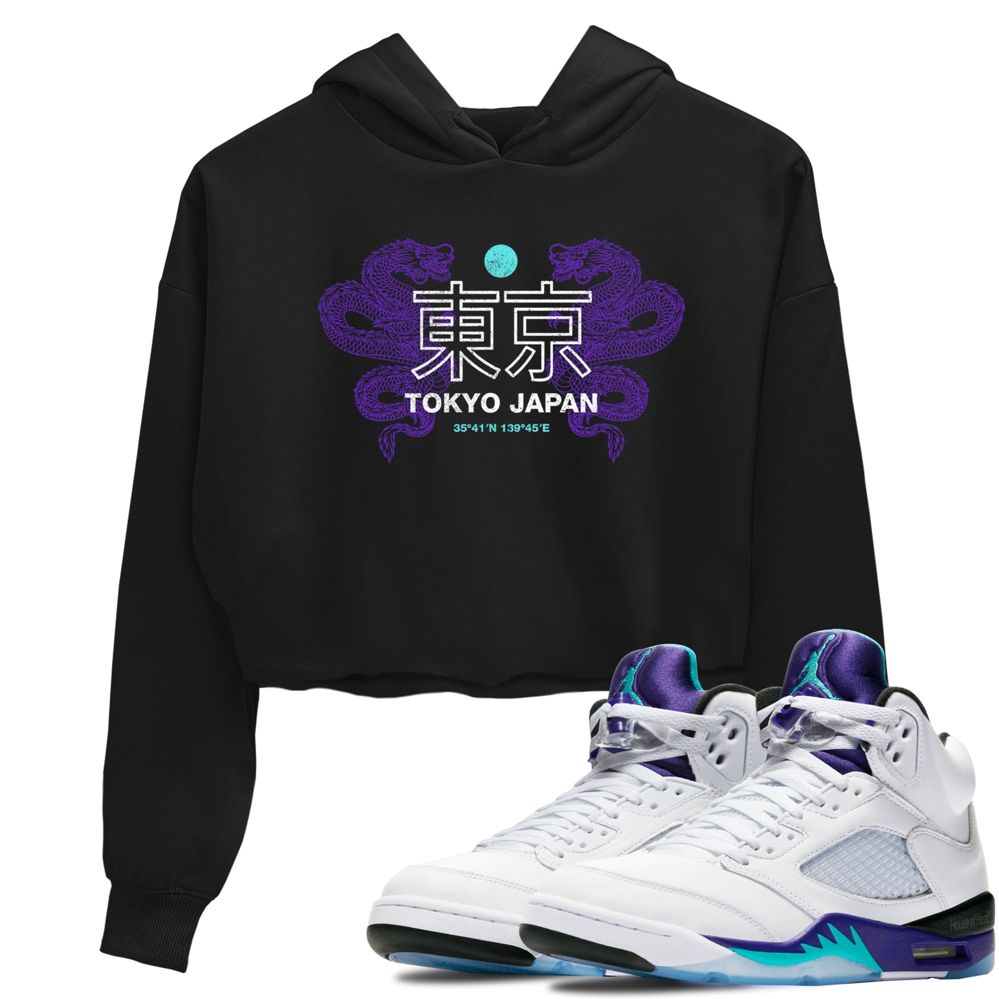 Tokyo Dragons womens crop tee made to vibe with the Air Jordan 5 Grape sneakers — the perfect match in Black 1.
