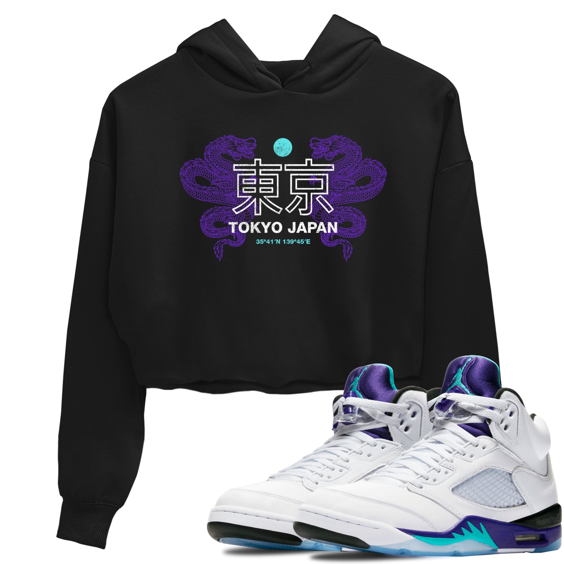 Tokyo Dragons womens crop tee made to vibe with the Air Jordan 5 Grape sneakers — the perfect match in Black 1.