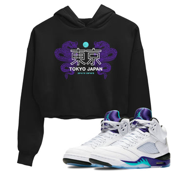 Tokyo Dragons womens crop tee made to vibe with the Air Jordan 5 Grape sneakers — the perfect match in Black 1.