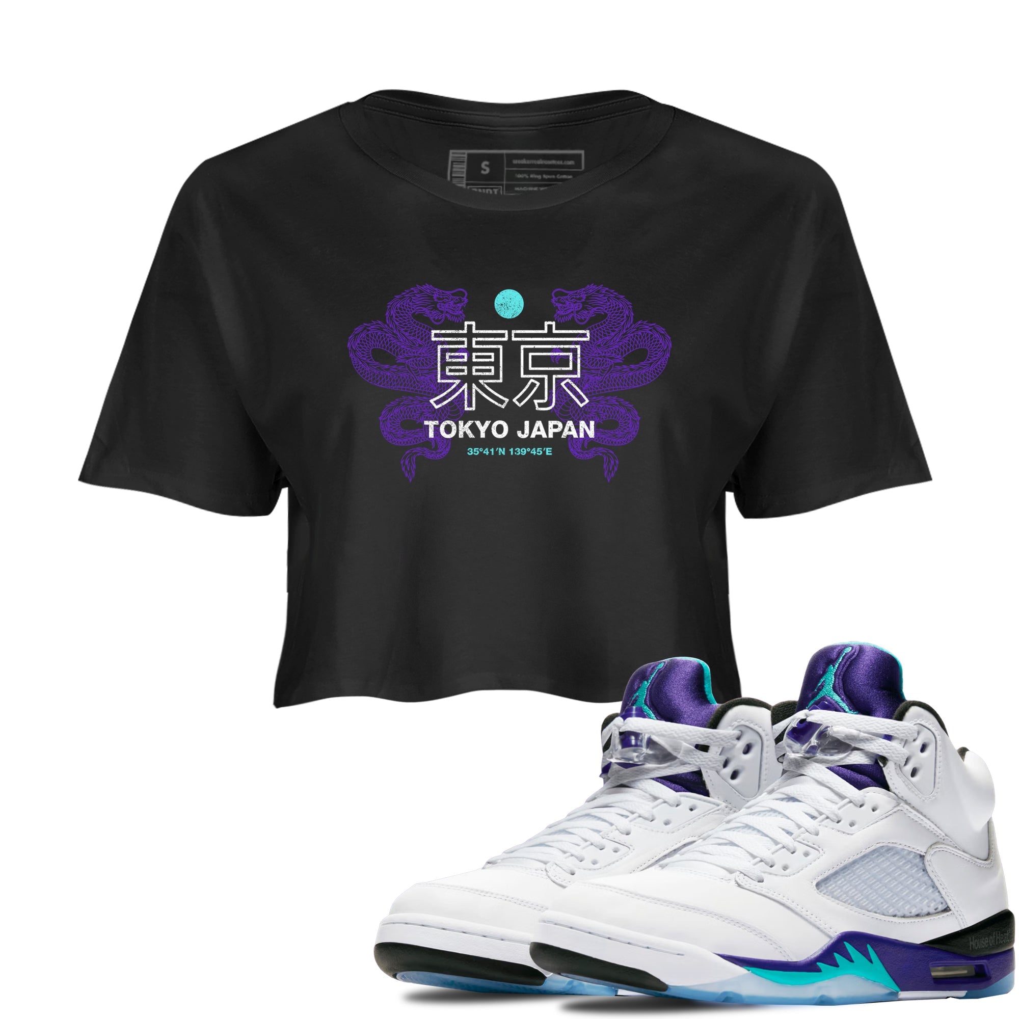 Tokyo Dragons womens crop tee made to vibe with the Air Jordan 5 Grape sneakers — the perfect match in Black 1.