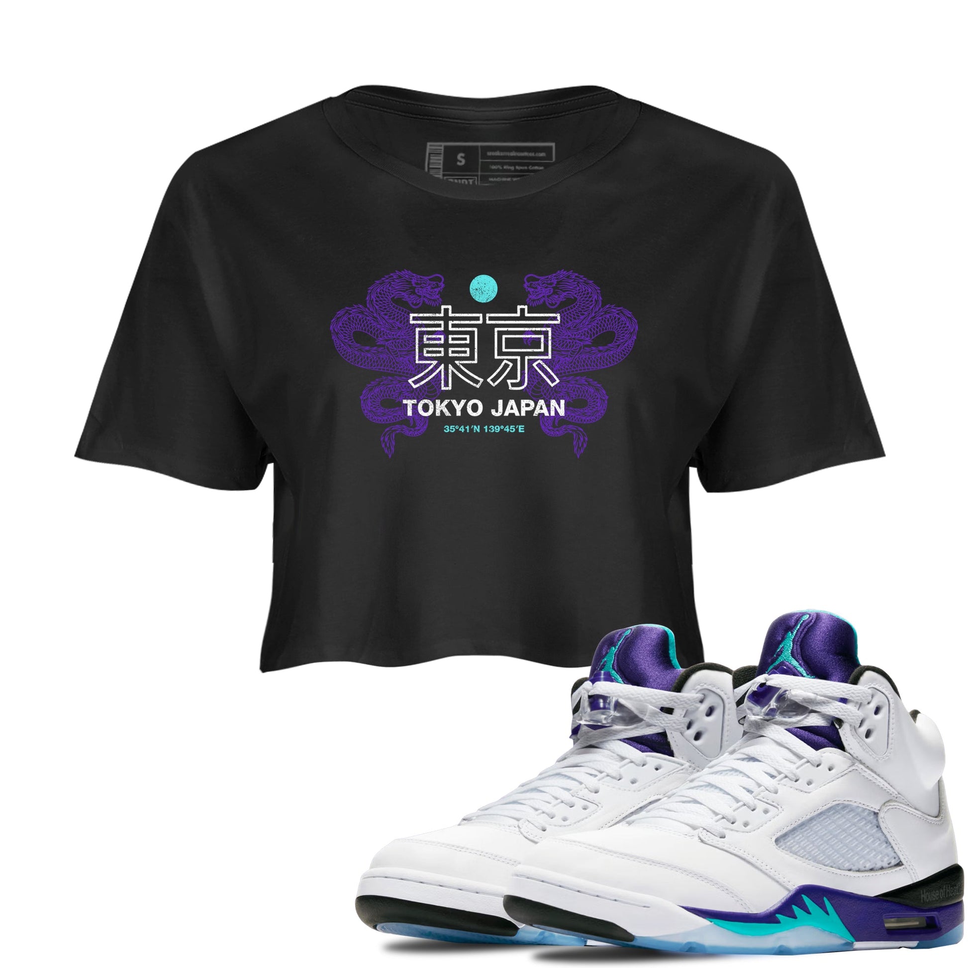 Tokyo Dragons womens crop tee made to vibe with the Air Jordan 5 Grape sneakers — the perfect match in Black 1.