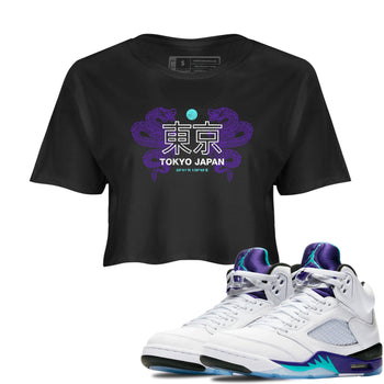 Tokyo Dragons womens crop tee made to vibe with the Air Jordan 5 Grape sneakers — the perfect match in Black 1.