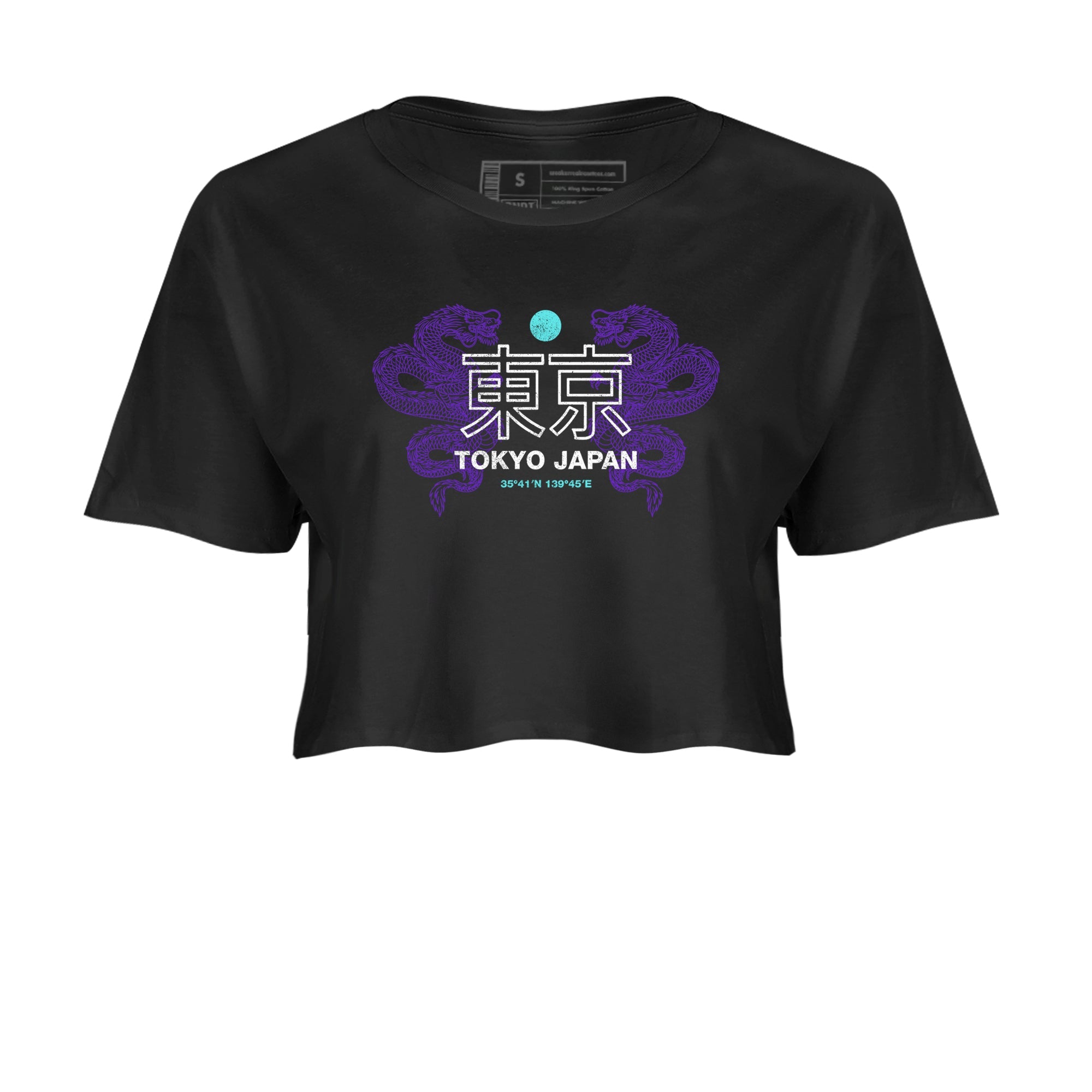 Tokyo Dragons womens crop tee made to vibe with the Air Jordan 5 Grape sneakers — the perfect match in Black 2.