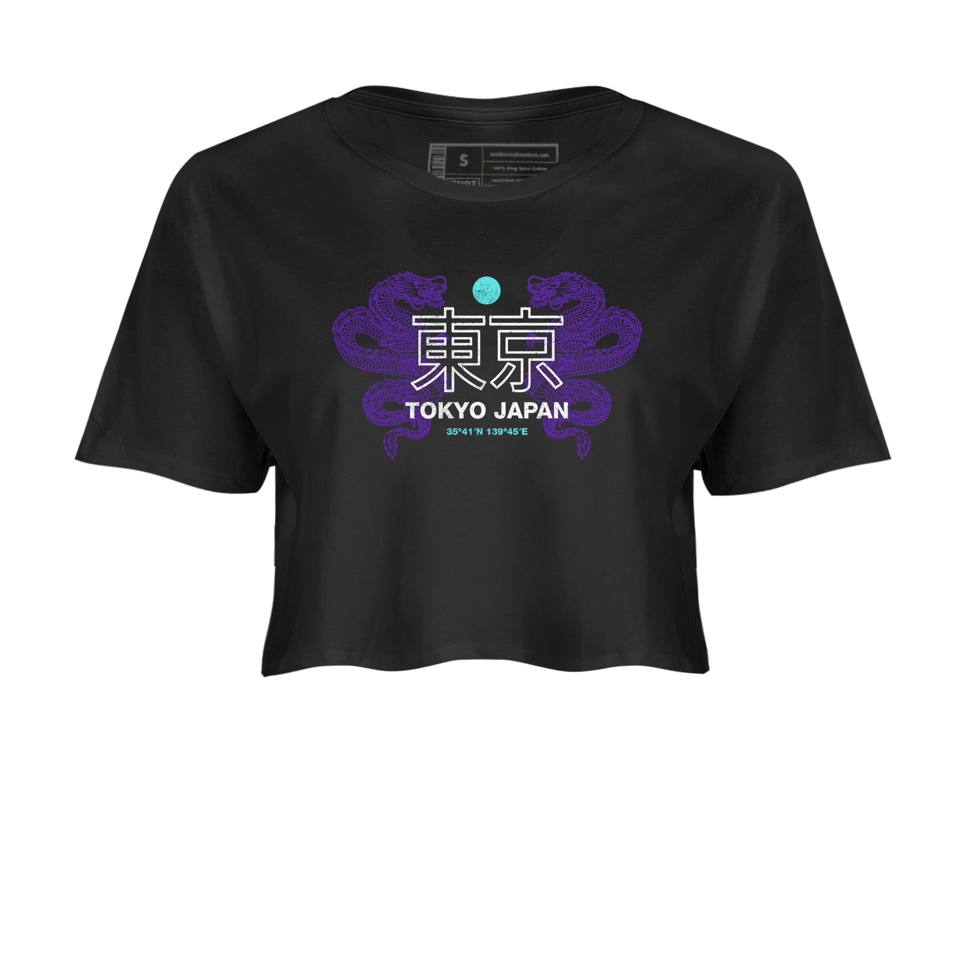 Tokyo Dragons womens crop tee made to vibe with the Air Jordan 5 Grape sneakers — the perfect match in Black 2.