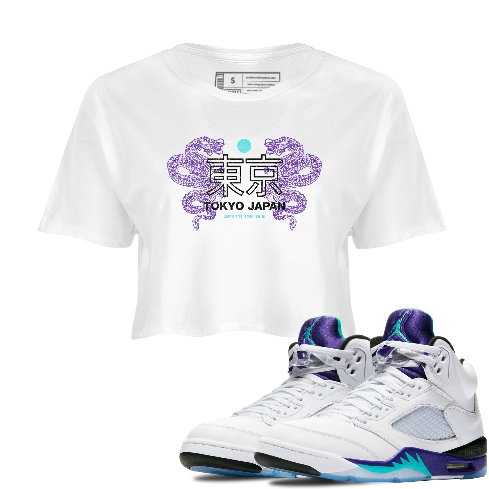 Tokyo Dragons womens crop tee made to vibe with the Air Jordan 5 Grape sneakers — the perfect match in White 1.