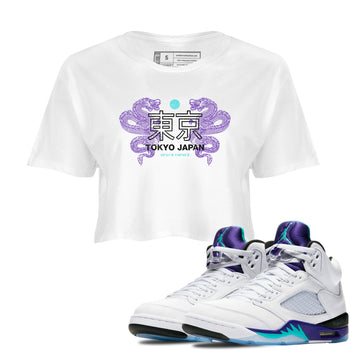 Tokyo Dragons womens crop tee made to vibe with the Air Jordan 5 Grape sneakers — the perfect match in White 1.