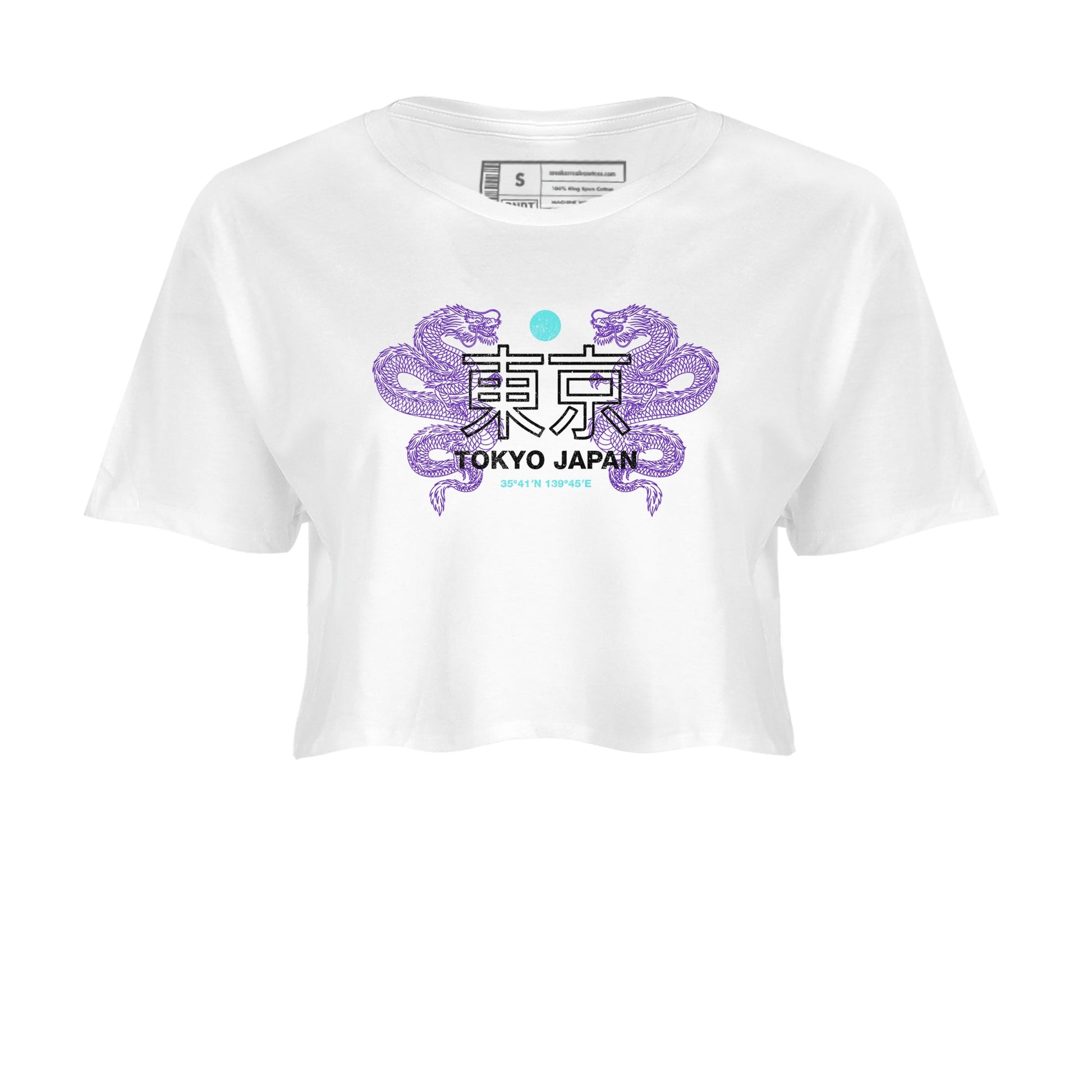 Tokyo Dragons womens crop tee made to vibe with the Air Jordan 5 Grape sneakers — the perfect match in White 2.