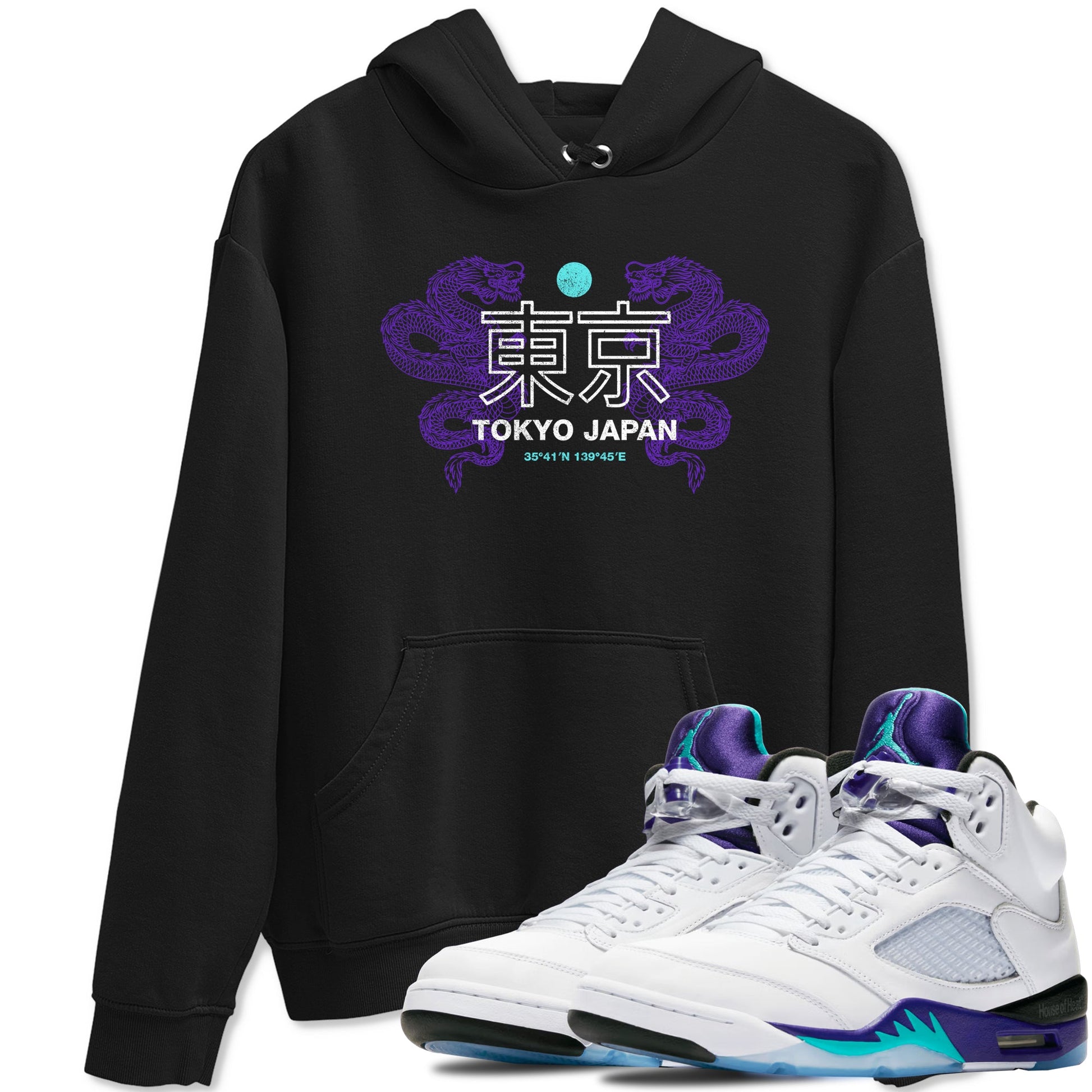 Tokyo Dragons sneaker match t-shirt styled to complete your fit with the Air Jordan 5 Grape sneakers, shown in Black 1.