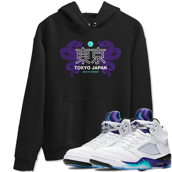 Tokyo Dragons sneaker match t-shirt styled to complete your fit with the Air Jordan 5 Grape sneakers, shown in Black 1.