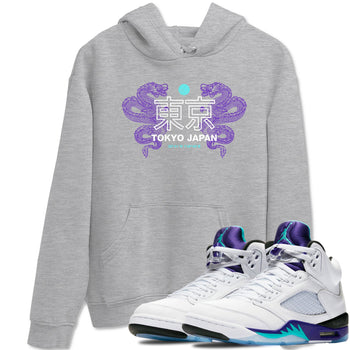 Tokyo Dragons sneaker match t-shirt styled to complete your fit with the Air Jordan 5 Grape sneakers, shown in Heather Grey 1.