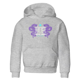 Tokyo Dragons baby and kids t-shirt crafted for little sneakerheads to shine with the Air Jordan 5 Grape sneakers, displayed in Heather Grey 2.