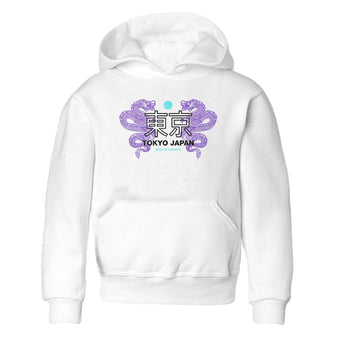 Tokyo Dragons baby and kids t-shirt crafted for little sneakerheads to shine with the Air Jordan 5 Grape sneakers, displayed in White 2.