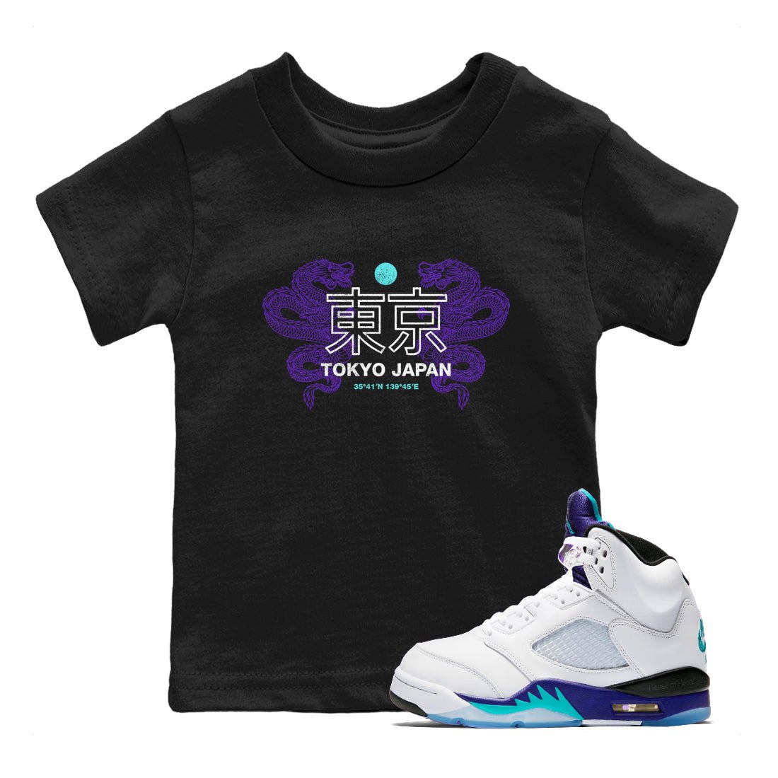 Tokyo Dragons baby and kids t-shirt crafted for little sneakerheads to shine with the Air Jordan 5 Grape sneakers, displayed in Black 1.