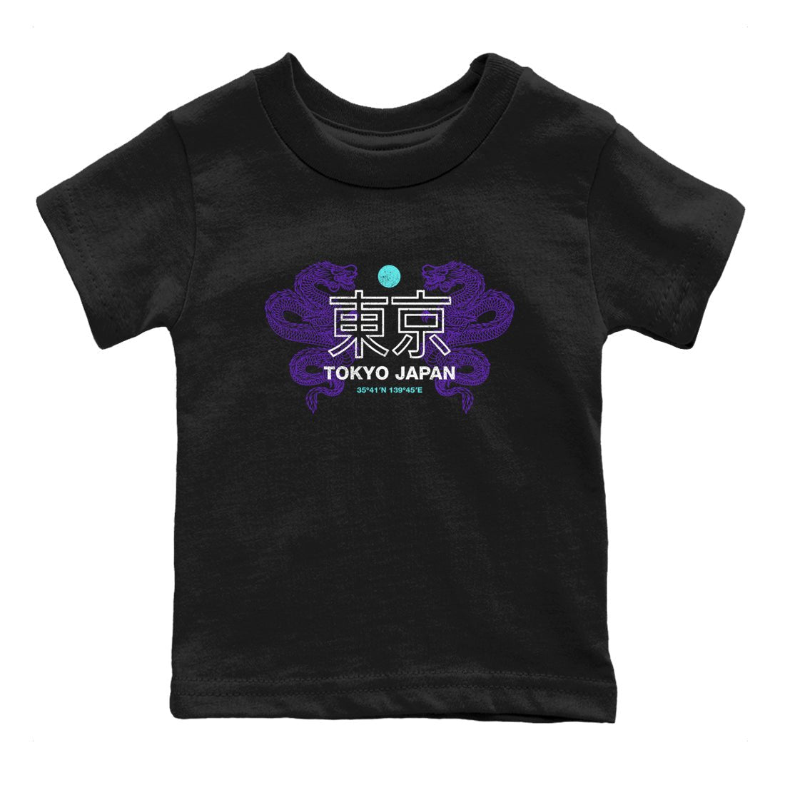 Tokyo Dragons baby and kids t-shirt crafted for little sneakerheads to shine with the Air Jordan 5 Grape sneakers, displayed in Black 2.