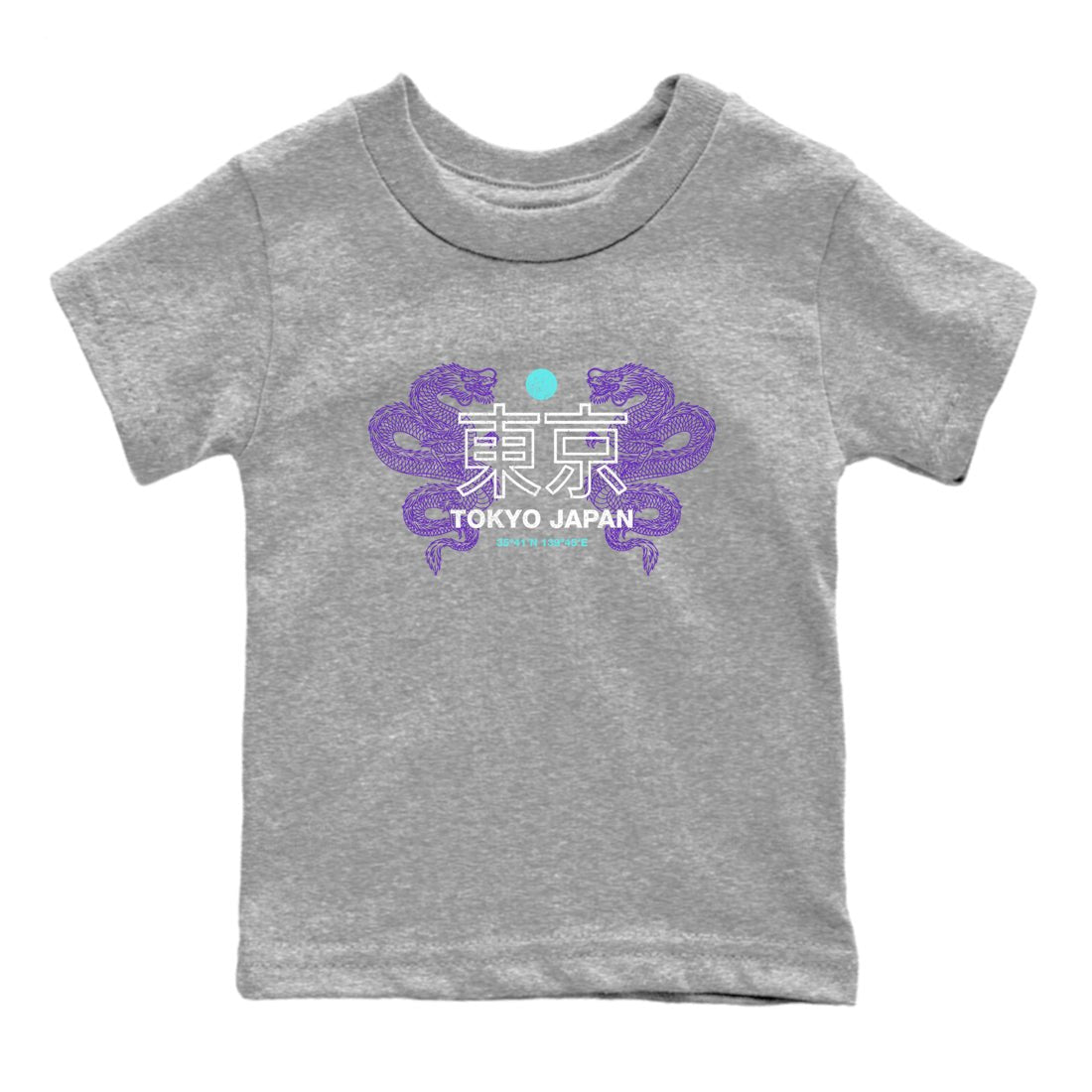 Tokyo Dragons baby and kids t-shirt crafted for little sneakerheads to shine with the Air Jordan 5 Grape sneakers, displayed in Heather Grey 2.