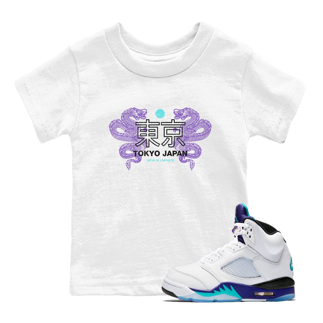 Tokyo Dragons baby and kids t-shirt crafted for little sneakerheads to shine with the Air Jordan 5 Grape sneakers, displayed in White 1.