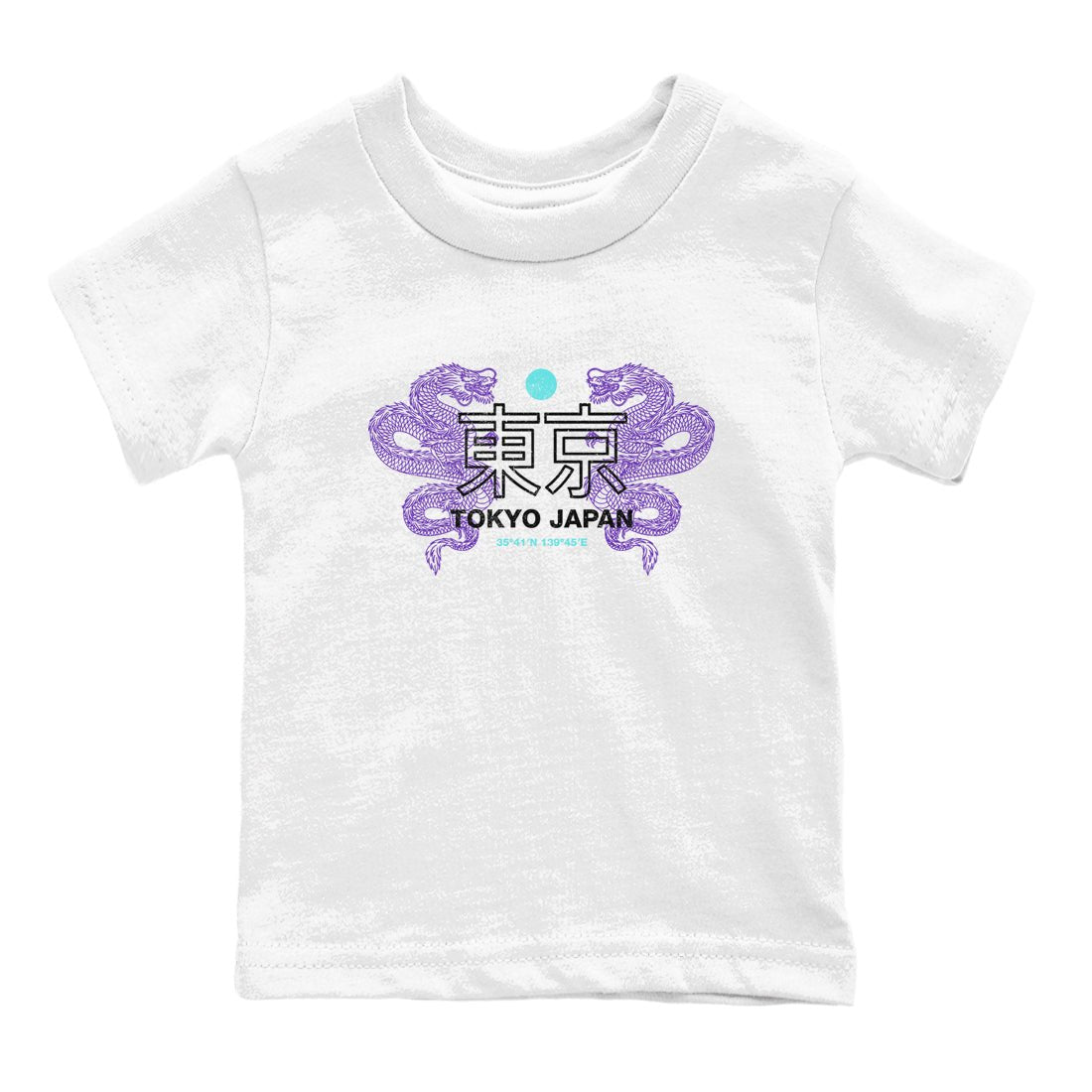 Tokyo Dragons baby and kids t-shirt crafted for little sneakerheads to shine with the Air Jordan 5 Grape sneakers, displayed in White 2.