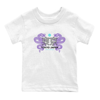 Tokyo Dragons baby and kids t-shirt crafted for little sneakerheads to shine with the Air Jordan 5 Grape sneakers, displayed in White 2.