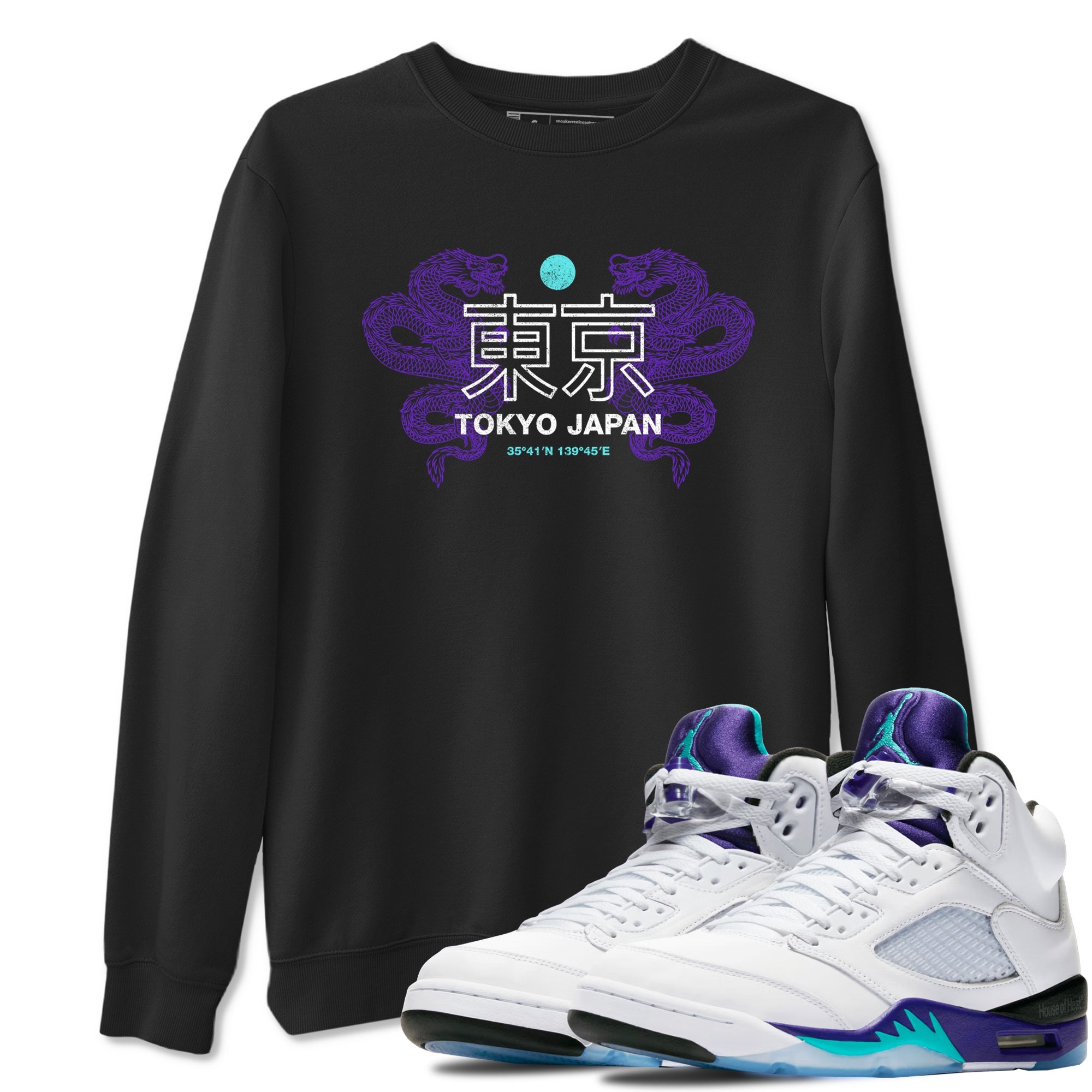 Tokyo Dragons sneaker match t-shirt styled to complete your fit with the Air Jordan 5 Grape sneakers, shown in Black 1.
