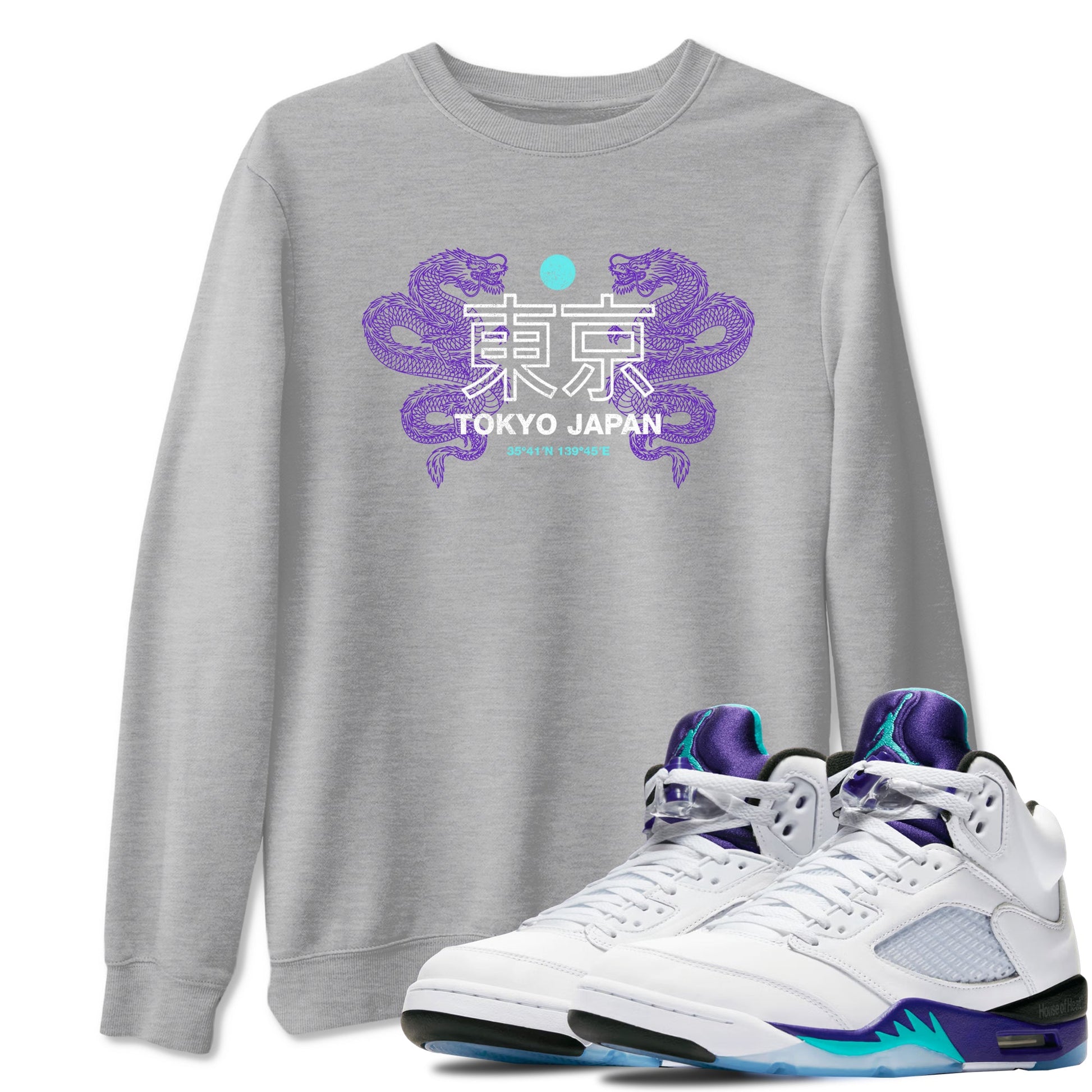 Tokyo Dragons sneaker match t-shirt styled to complete your fit with the Air Jordan 5 Grape sneakers, shown in Heather Grey 1.