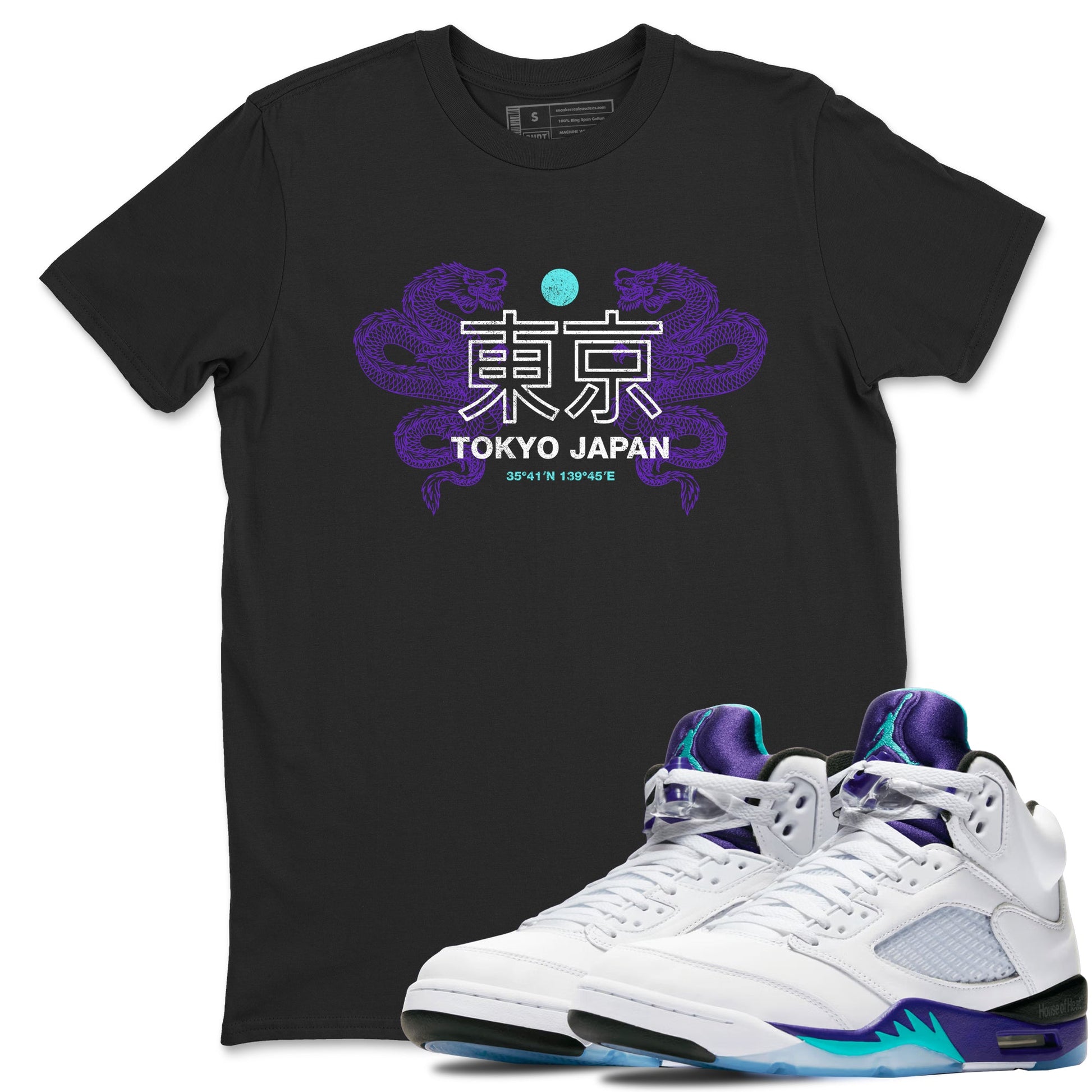 Tokyo Dragons sneaker match t-shirt styled to complete your fit with the Air Jordan 5 Grape sneakers, shown in Black 1.