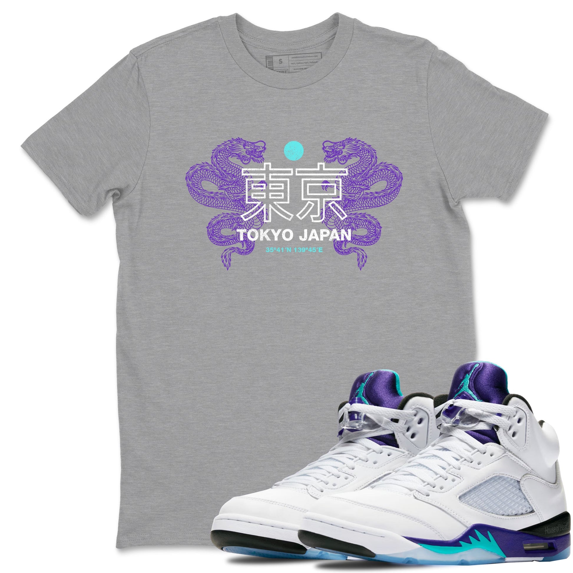 Tokyo Dragons sneaker match t-shirt styled to complete your fit with the Air Jordan 5 Grape sneakers, shown in Heather Grey 1.