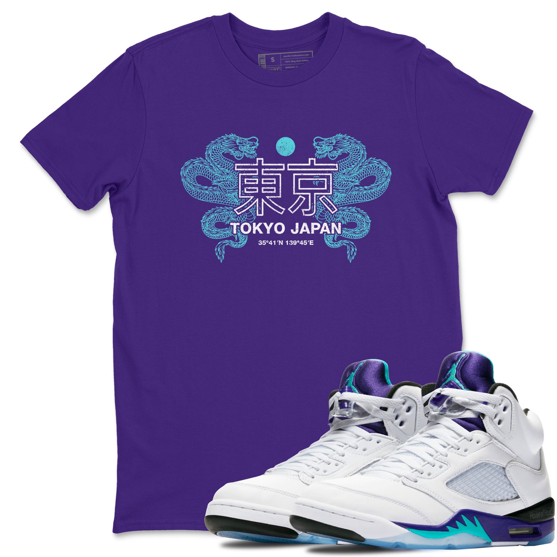 Tokyo Dragons sneaker match t-shirt styled to complete your fit with the Air Jordan 5 Grape sneakers, shown in Purple 1.