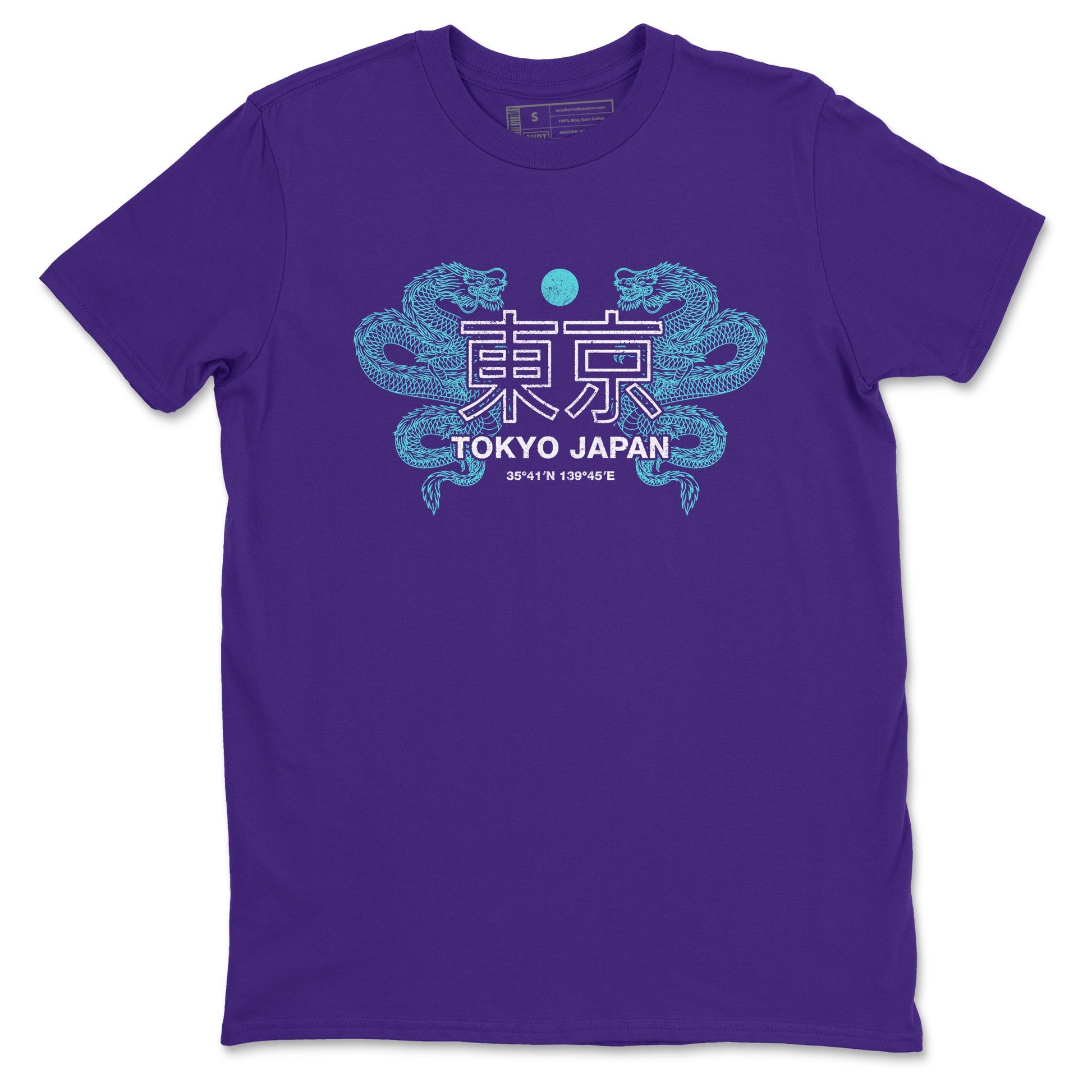 Tokyo Dragons sneaker match t-shirt styled to complete your fit with the Air Jordan 5 Grape sneakers, shown in Purple 2.