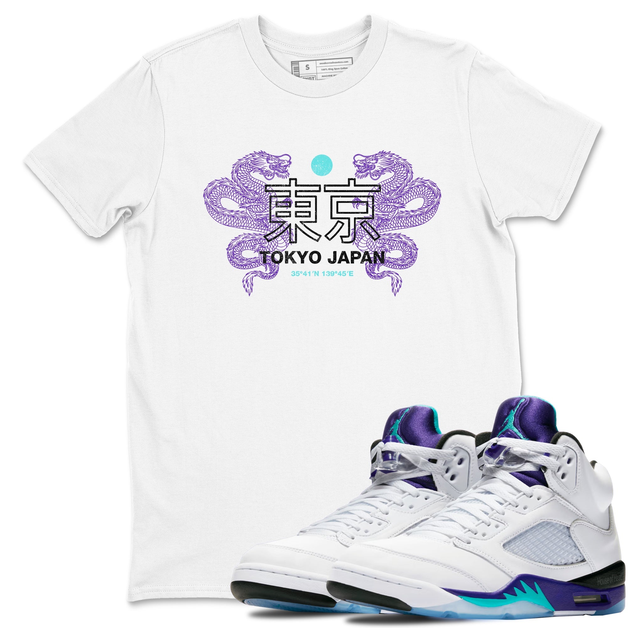 Tokyo Dragons sneaker match t-shirt styled to complete your fit with the Air Jordan 5 Grape sneakers, shown in White 1.