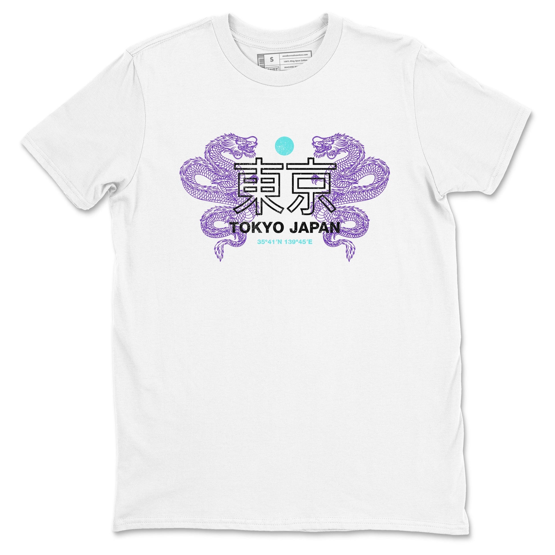 Tokyo Dragons sneaker match t-shirt styled to complete your fit with the Air Jordan 5 Grape sneakers, shown in White 2.